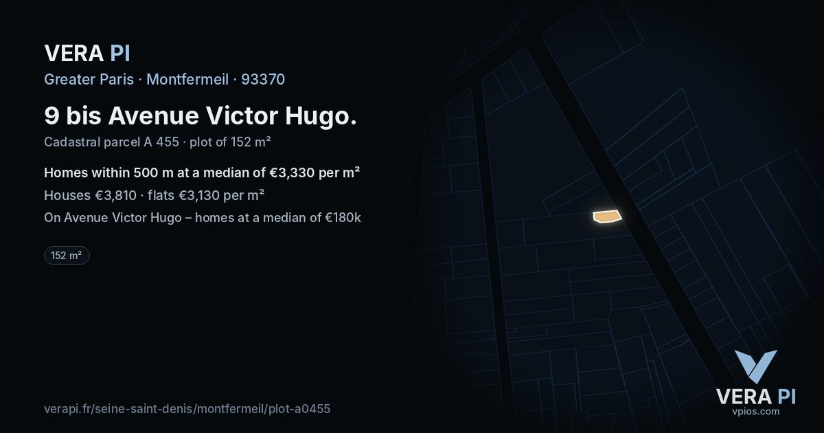9 bis Avenue Victor Hugo, Montfermeil at night – the plot lit, the parcels around coloured by the prices near them