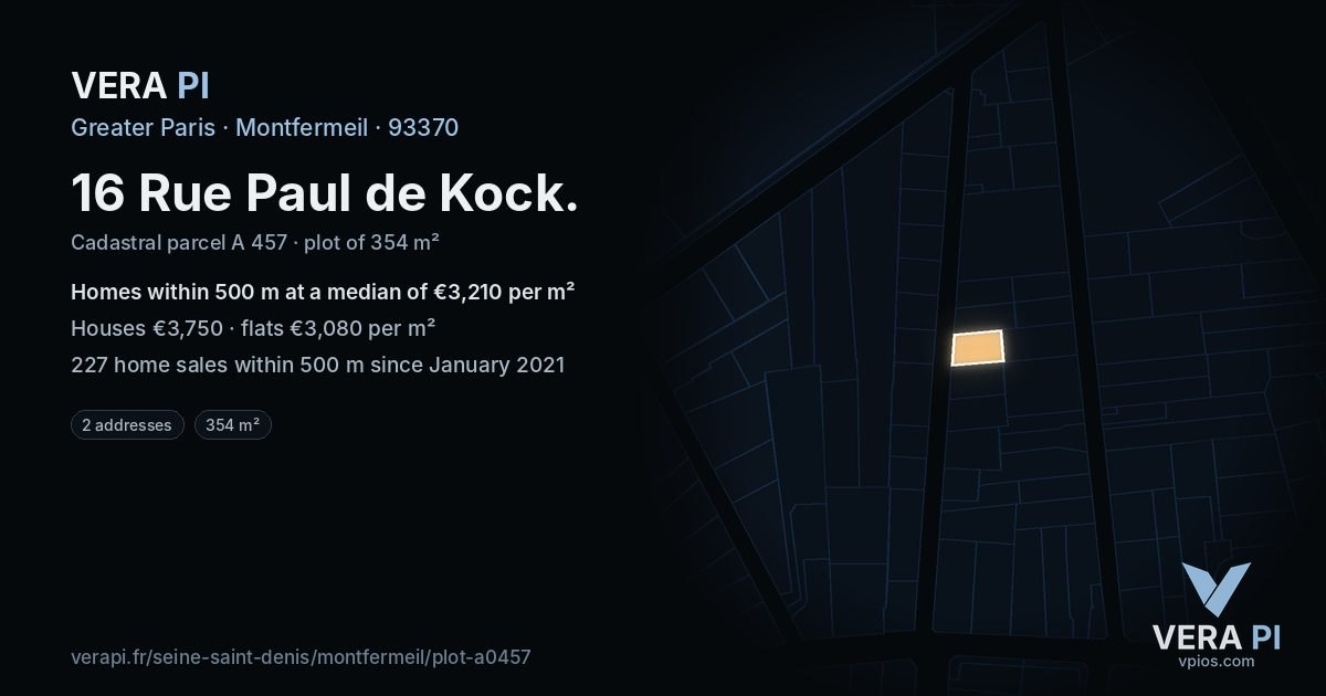 16 Rue Paul de Kock, Montfermeil at night – the plot lit, the parcels around coloured by the prices near them