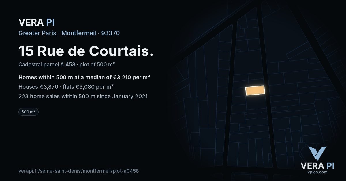 15 Rue de Courtais, Montfermeil at night – the plot lit, the parcels around coloured by the prices near them