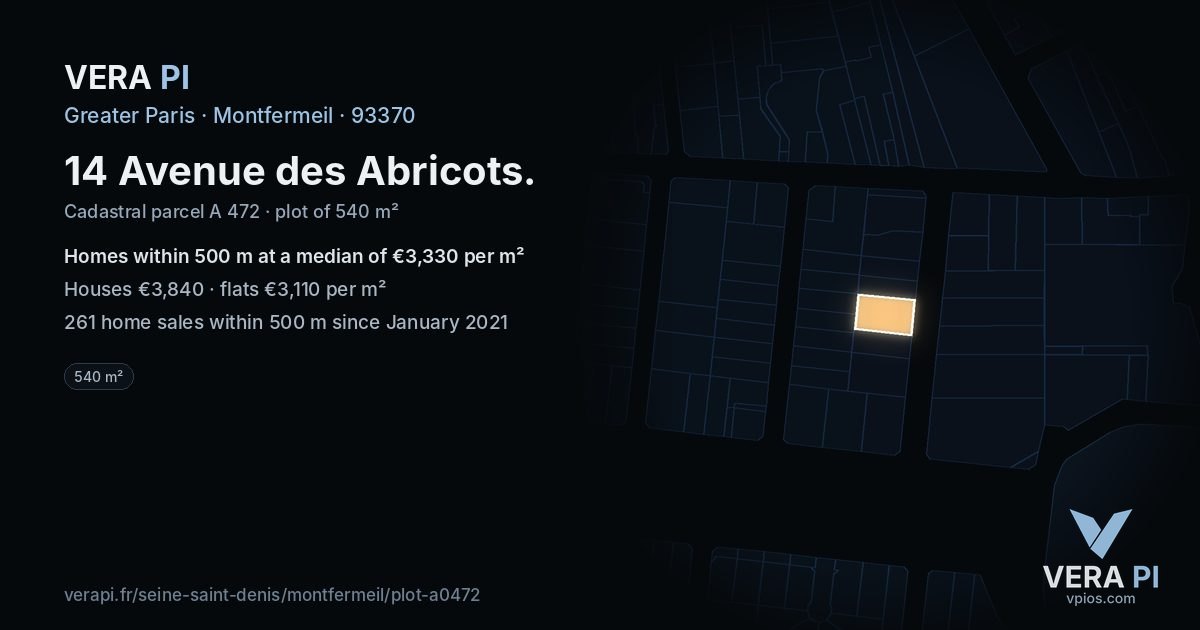 14 Avenue des Abricots, Montfermeil at night – the plot lit, the parcels around coloured by the prices near them