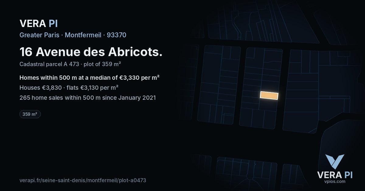 16 Avenue des Abricots, Montfermeil at night – the plot lit, the parcels around coloured by the prices near them
