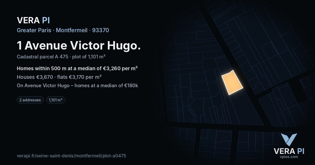 1 Avenue Victor Hugo, Montfermeil at night – the plot lit, the parcels around coloured by the prices near them