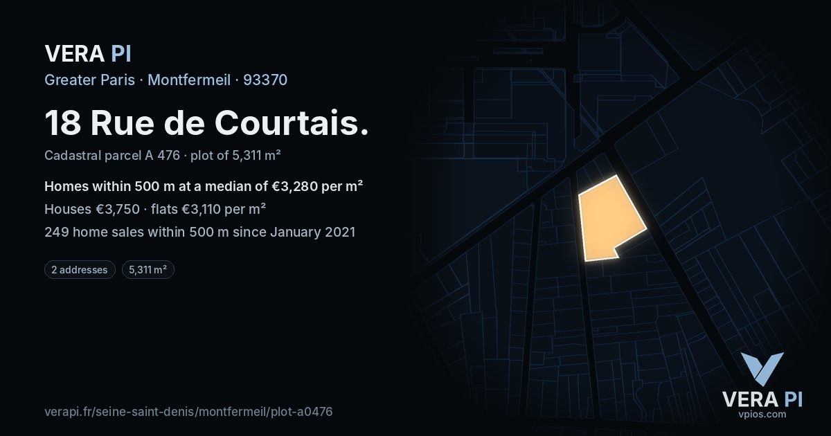 18 Rue de Courtais, Montfermeil at night – the plot lit, the parcels around coloured by the prices near them