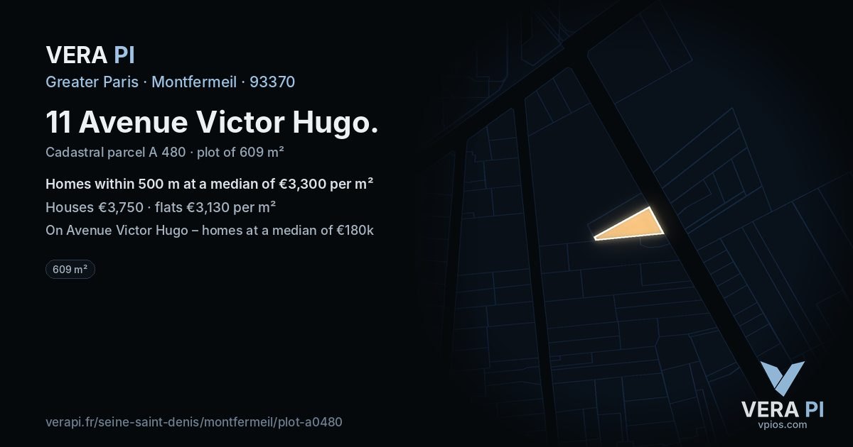 11 Avenue Victor Hugo, Montfermeil at night – the plot lit, the parcels around coloured by the prices near them