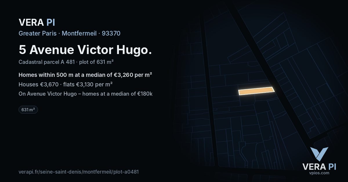 5 Avenue Victor Hugo, Montfermeil at night – the plot lit, the parcels around coloured by the prices near them
