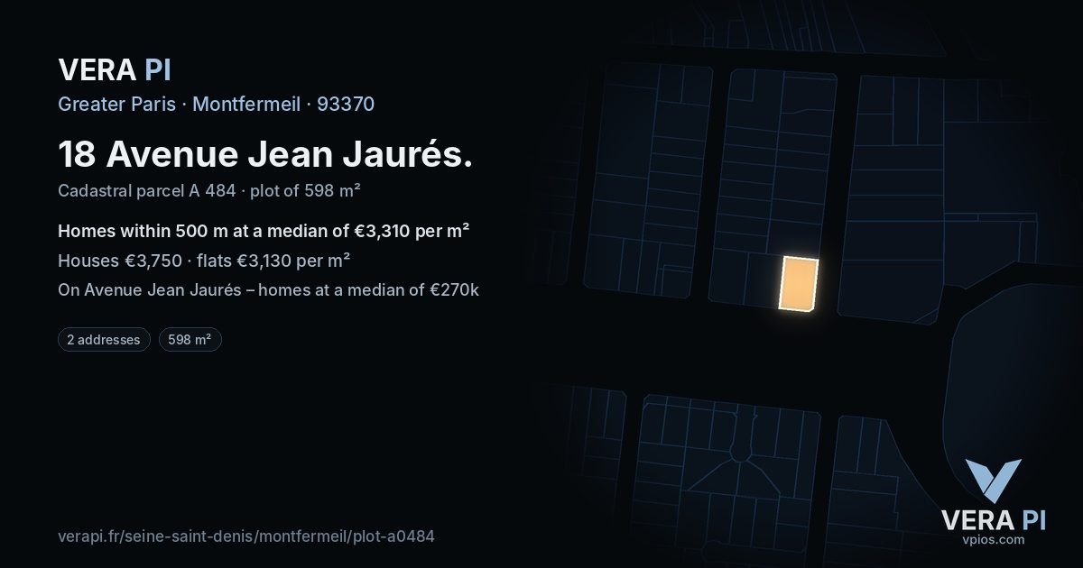 18 Avenue Jean Jaurés, Montfermeil at night – the plot lit, the parcels around coloured by the prices near them