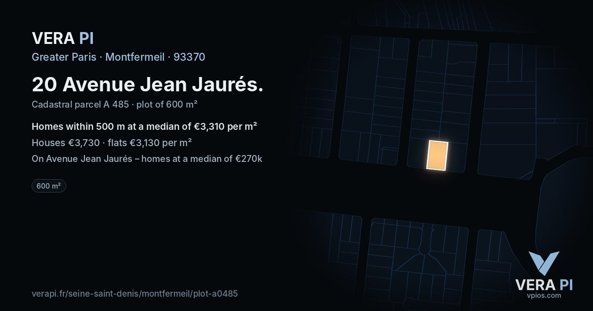 20 Avenue Jean Jaurés, Montfermeil at night – the plot lit, the parcels around coloured by the prices near them