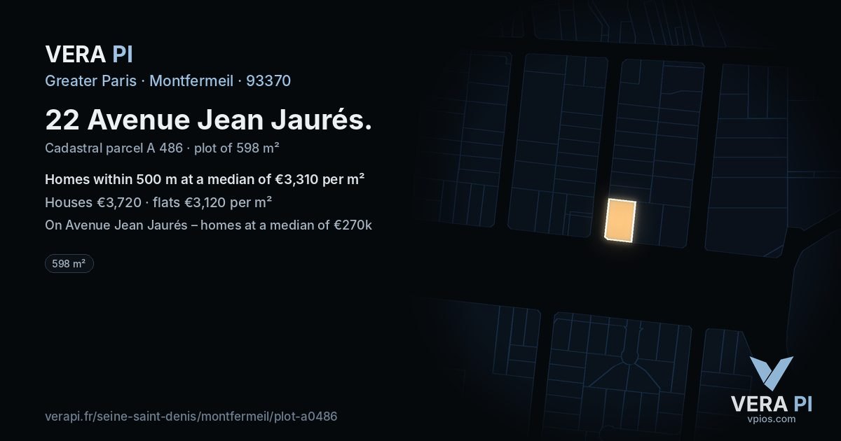 22 Avenue Jean Jaurés, Montfermeil at night – the plot lit, the parcels around coloured by the prices near them