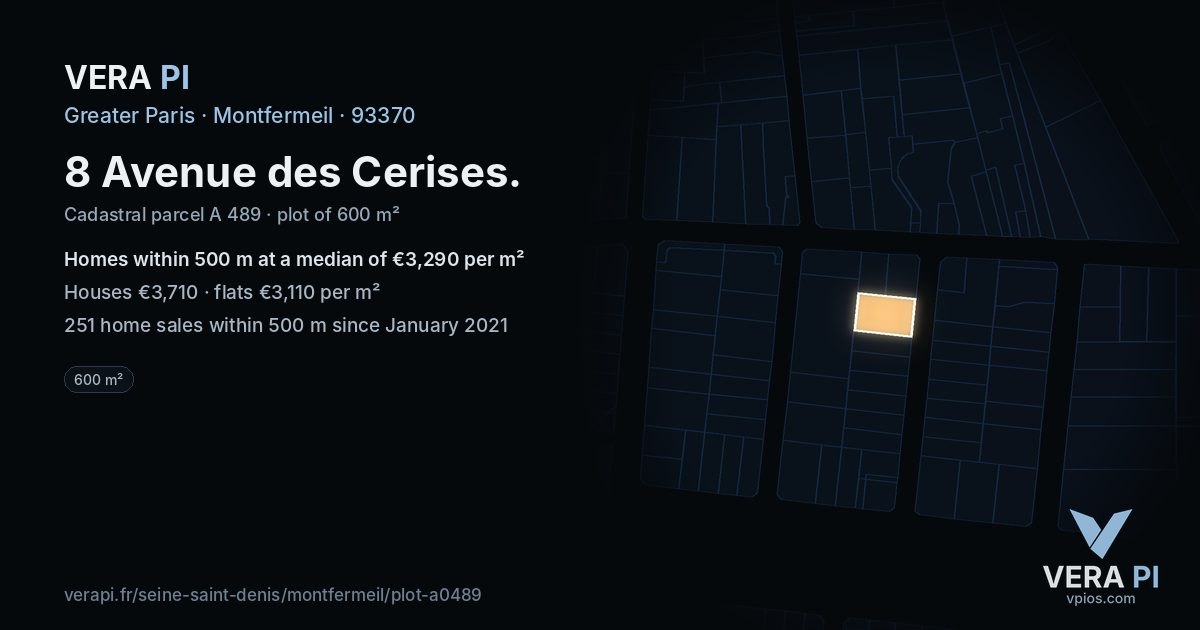 8 Avenue des Cerises, Montfermeil at night – the plot lit, the parcels around coloured by the prices near them