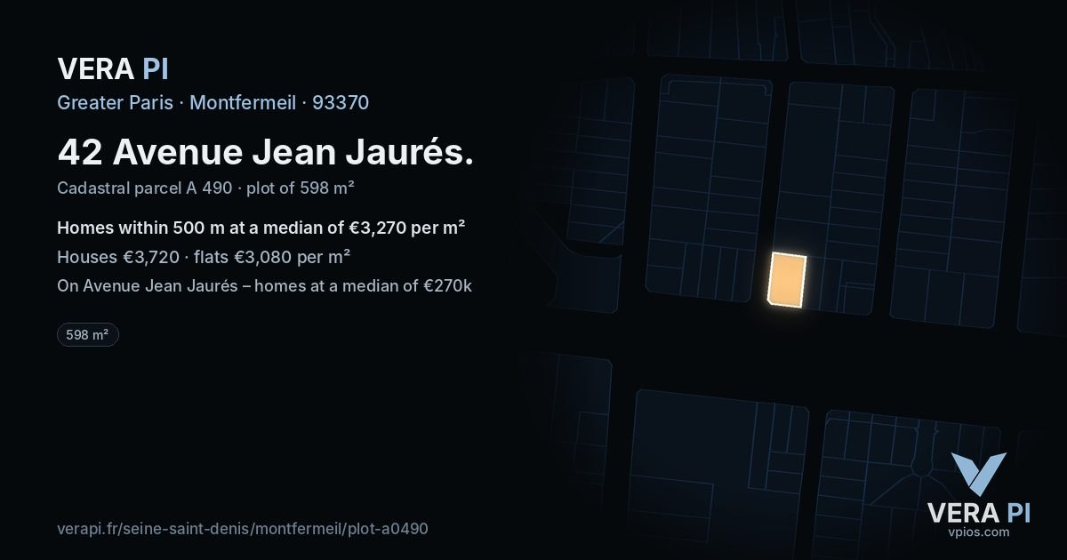 42 Avenue Jean Jaurés, Montfermeil at night – the plot lit, the parcels around coloured by the prices near them