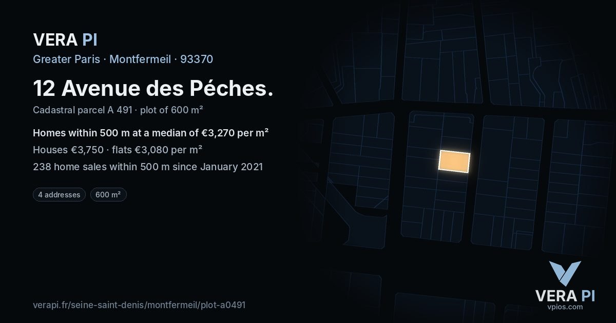 12 Avenue des Péches, Montfermeil at night – the plot lit, the parcels around coloured by the prices near them