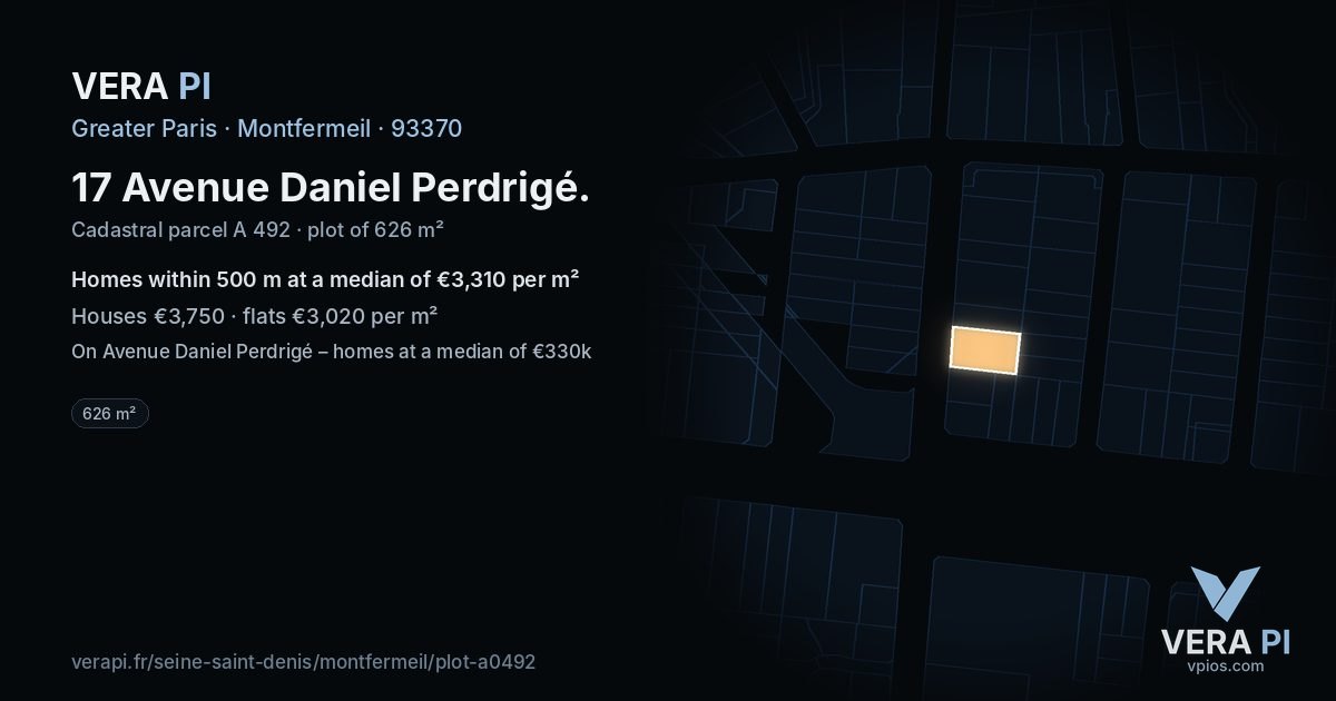 17 Avenue Daniel Perdrigé, Montfermeil at night – the plot lit, the parcels around coloured by the prices near them