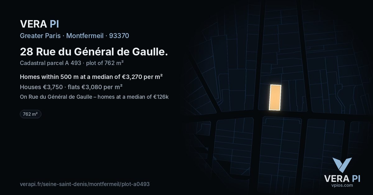 28 Rue du Général de Gaulle, Montfermeil at night – the plot lit, the parcels around coloured by the prices near them