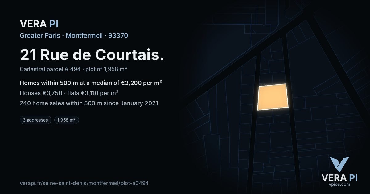 21 Rue de Courtais, Montfermeil at night – the plot lit, the parcels around coloured by the prices near them