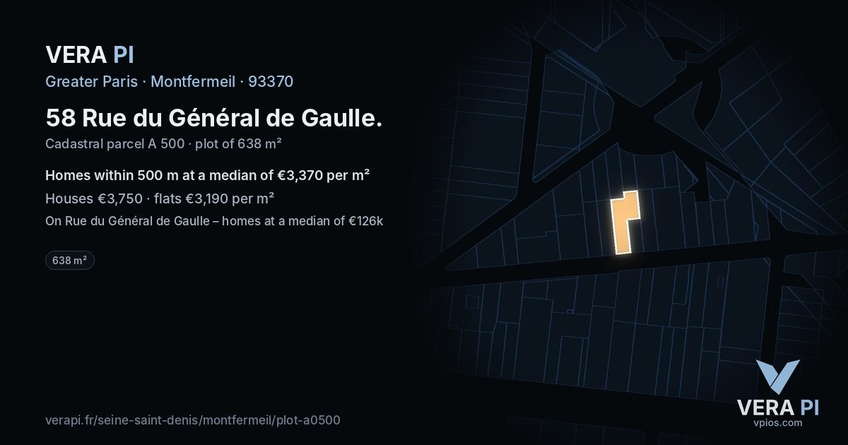 58 Rue du Général de Gaulle, Montfermeil at night – the plot lit, the parcels around coloured by the prices near them
