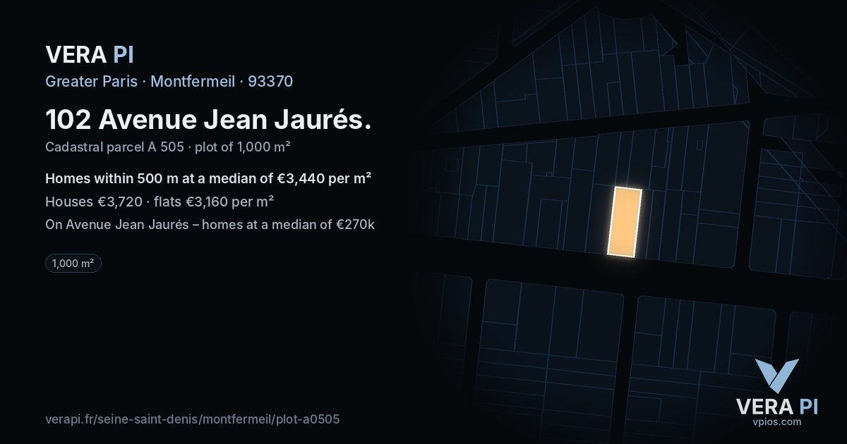 102 Avenue Jean Jaurés, Montfermeil at night – the plot lit, the parcels around coloured by the prices near them