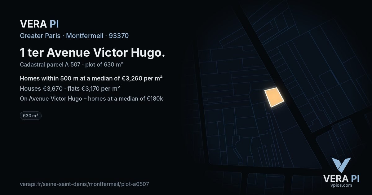 1 ter Avenue Victor Hugo, Montfermeil at night – the plot lit, the parcels around coloured by the prices near them