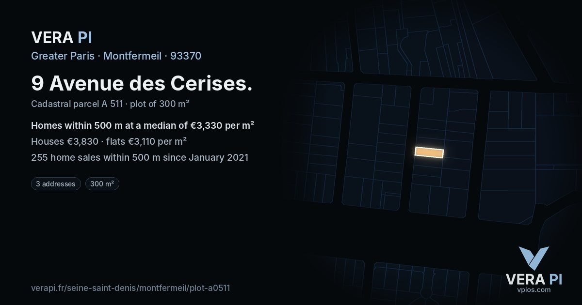 9 Avenue des Cerises, Montfermeil at night – the plot lit, the parcels around coloured by the prices near them