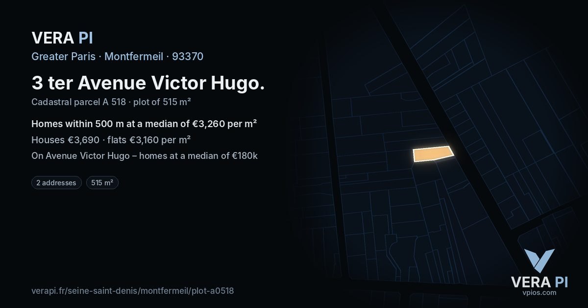 3 ter Avenue Victor Hugo, Montfermeil at night – the plot lit, the parcels around coloured by the prices near them