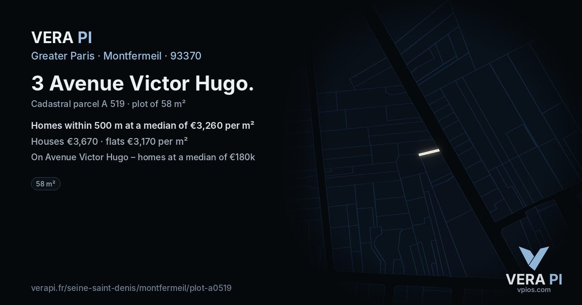 3 Avenue Victor Hugo, Montfermeil at night – the plot lit, the parcels around coloured by the prices near them