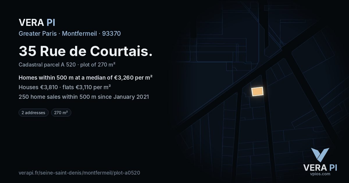 35 Rue de Courtais, Montfermeil at night – the plot lit, the parcels around coloured by the prices near them