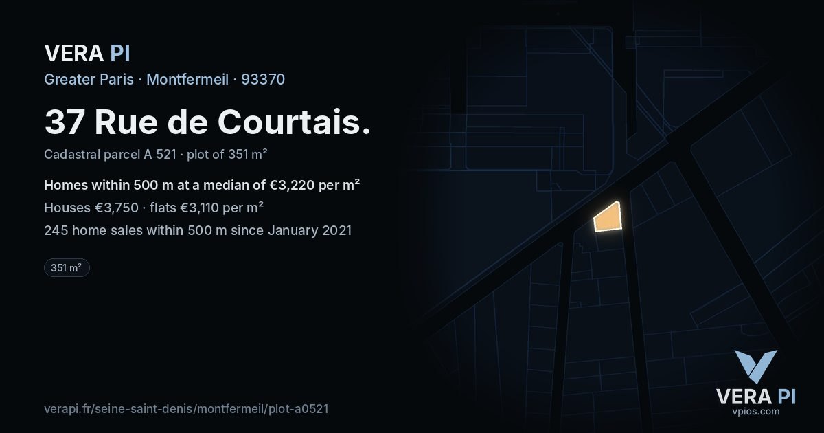 37 Rue de Courtais, Montfermeil at night – the plot lit, the parcels around coloured by the prices near them