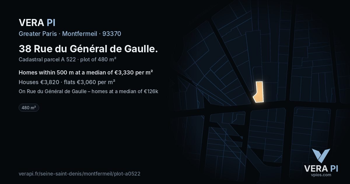 38 Rue du Général de Gaulle, Montfermeil at night – the plot lit, the parcels around coloured by the prices near them
