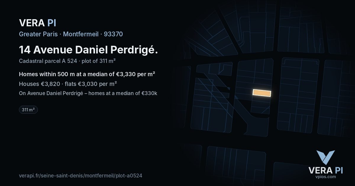 14 Avenue Daniel Perdrigé, Montfermeil at night – the plot lit, the parcels around coloured by the prices near them