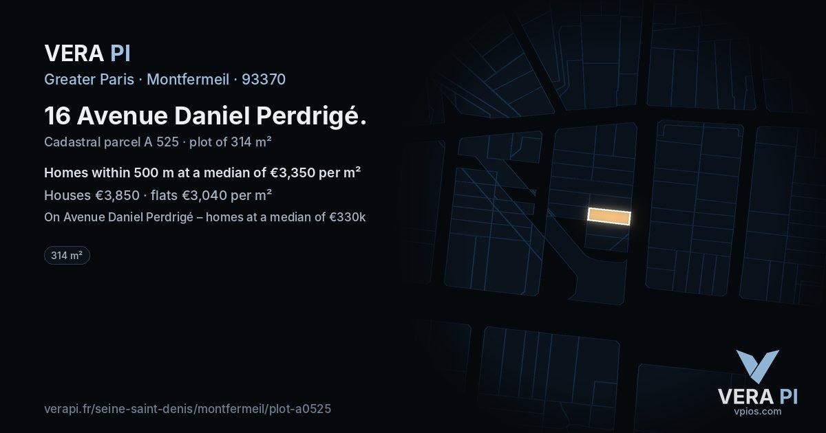 16 Avenue Daniel Perdrigé, Montfermeil at night – the plot lit, the parcels around coloured by the prices near them