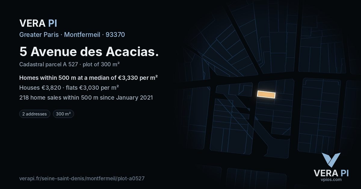 5 Avenue des Acacias, Montfermeil at night – the plot lit, the parcels around coloured by the prices near them