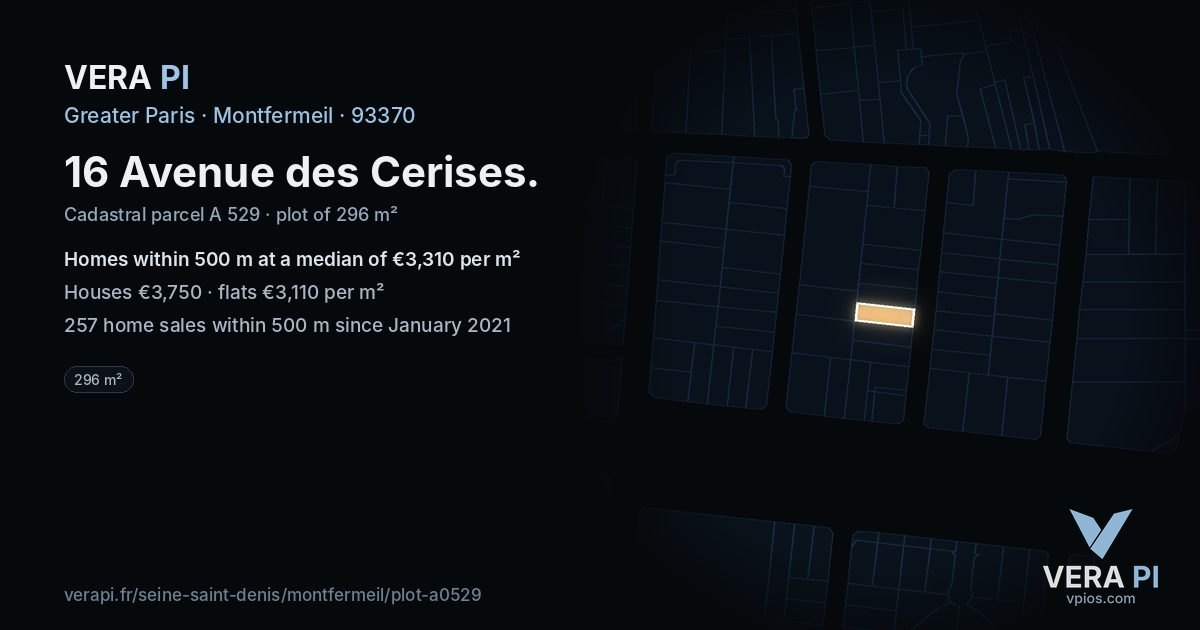16 Avenue des Cerises, Montfermeil at night – the plot lit, the parcels around coloured by the prices near them