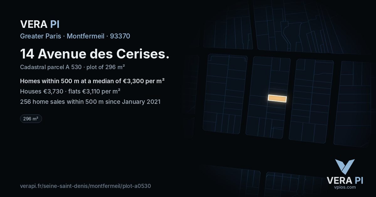 14 Avenue des Cerises, Montfermeil at night – the plot lit, the parcels around coloured by the prices near them
