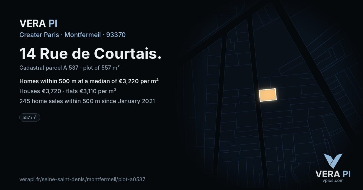 14 Rue de Courtais, Montfermeil at night – the plot lit, the parcels around coloured by the prices near them