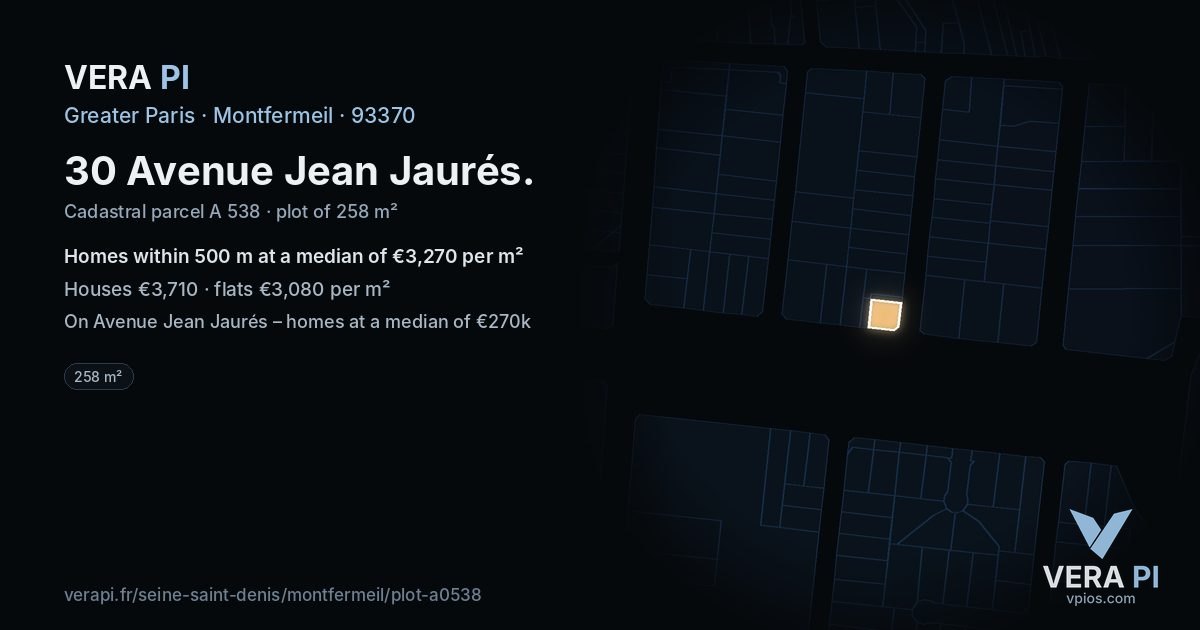 30 Avenue Jean Jaurés, Montfermeil at night – the plot lit, the parcels around coloured by the prices near them