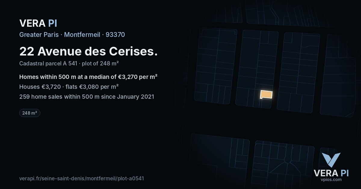 22 Avenue des Cerises, Montfermeil at night – the plot lit, the parcels around coloured by the prices near them