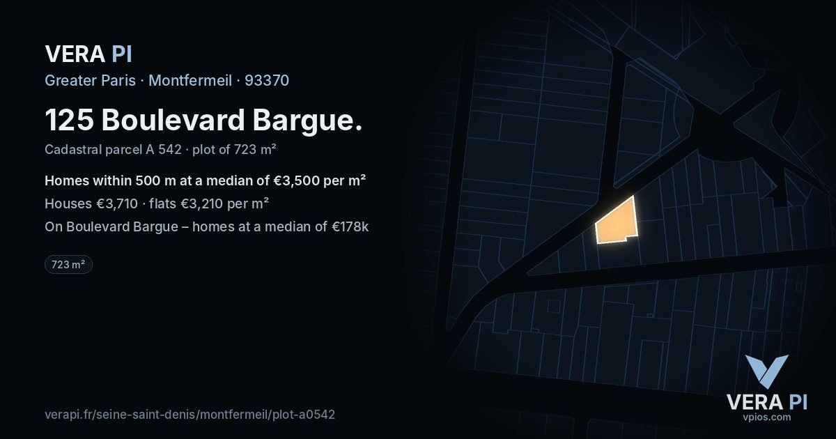 125 Boulevard Bargue, Montfermeil at night – the plot lit, the parcels around coloured by the prices near them