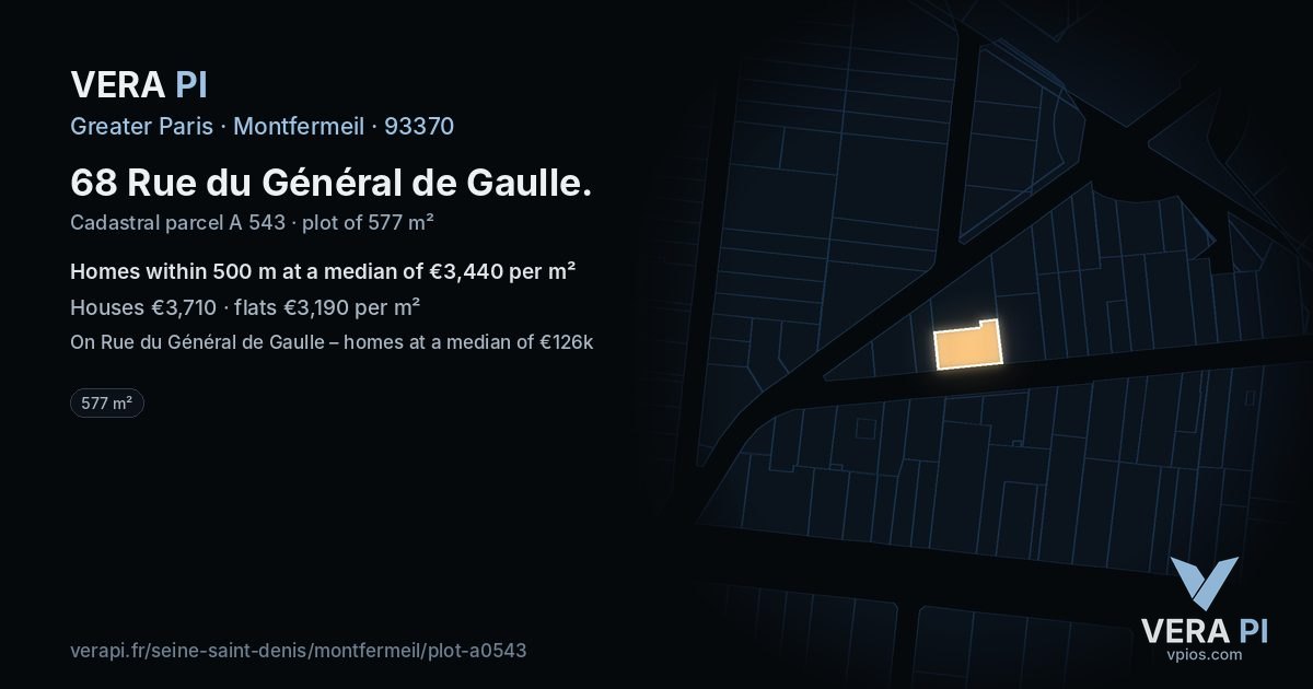 68 Rue du Général de Gaulle, Montfermeil at night – the plot lit, the parcels around coloured by the prices near them