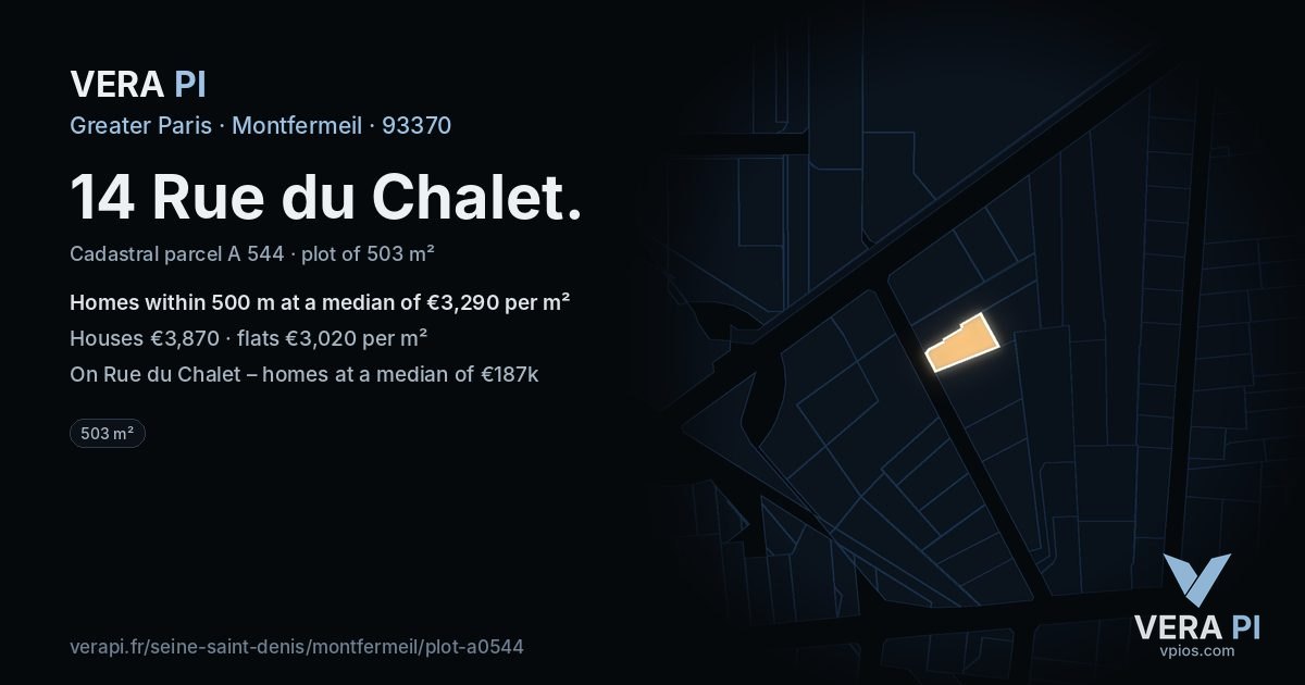 14 Rue du Chalet, Montfermeil at night – the plot lit, the parcels around coloured by the prices near them