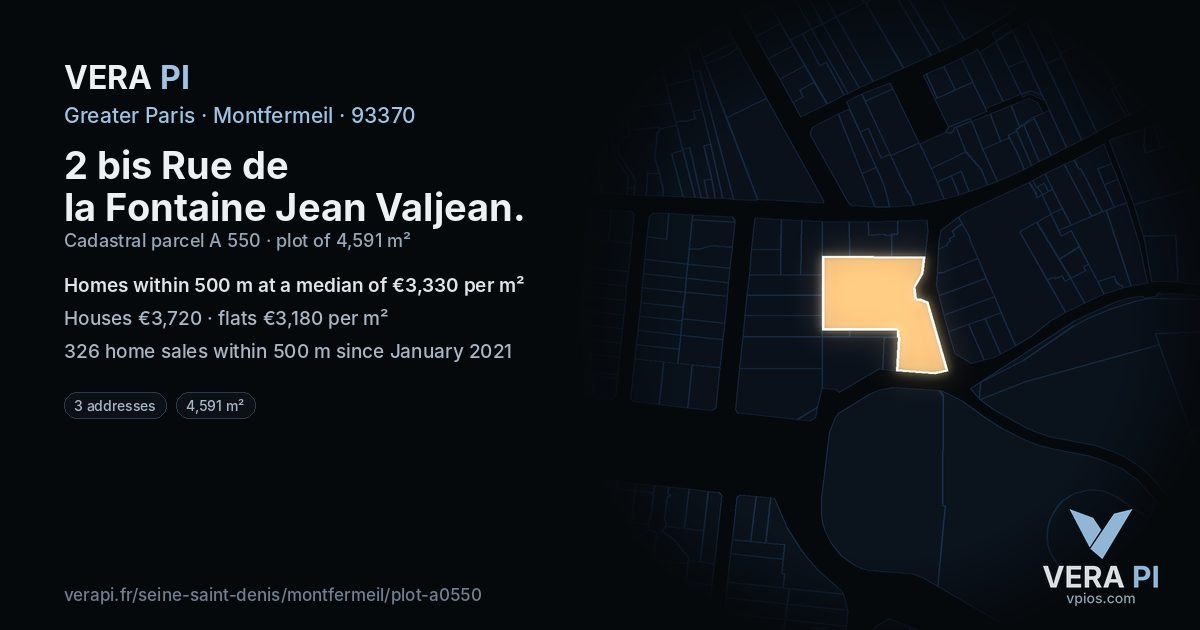 2 bis Rue de la Fontaine Jean Valjean, Montfermeil at night – the plot lit, the parcels around coloured by the prices near them