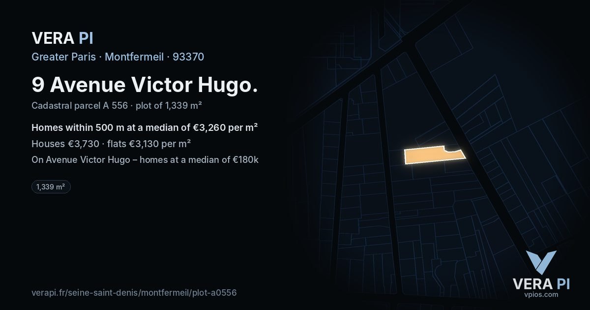 9 Avenue Victor Hugo, Montfermeil at night – the plot lit, the parcels around coloured by the prices near them