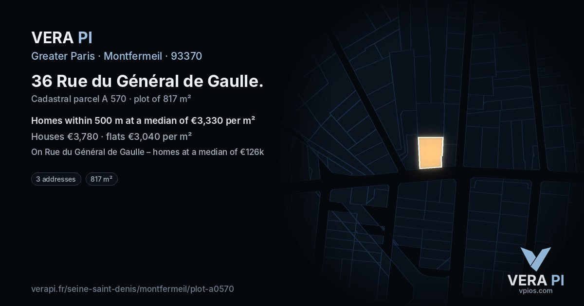 36 Rue du Général de Gaulle, Montfermeil at night – the plot lit, the parcels around coloured by the prices near them