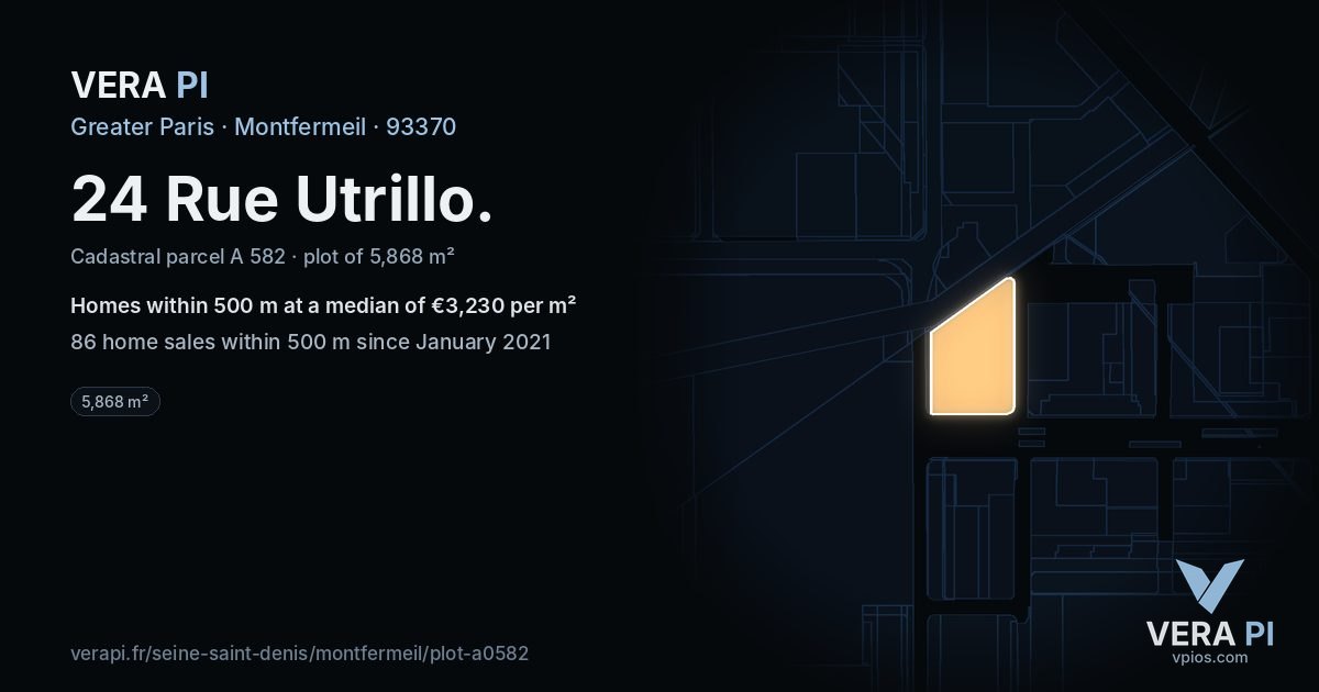 24 Rue Utrillo, Montfermeil at night – the plot lit, the parcels around coloured by the prices near them