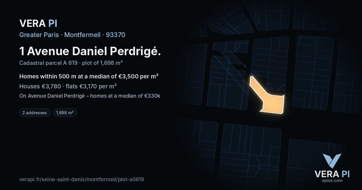 1 Avenue Daniel Perdrigé, Montfermeil at night – the plot lit, the parcels around coloured by the prices near them