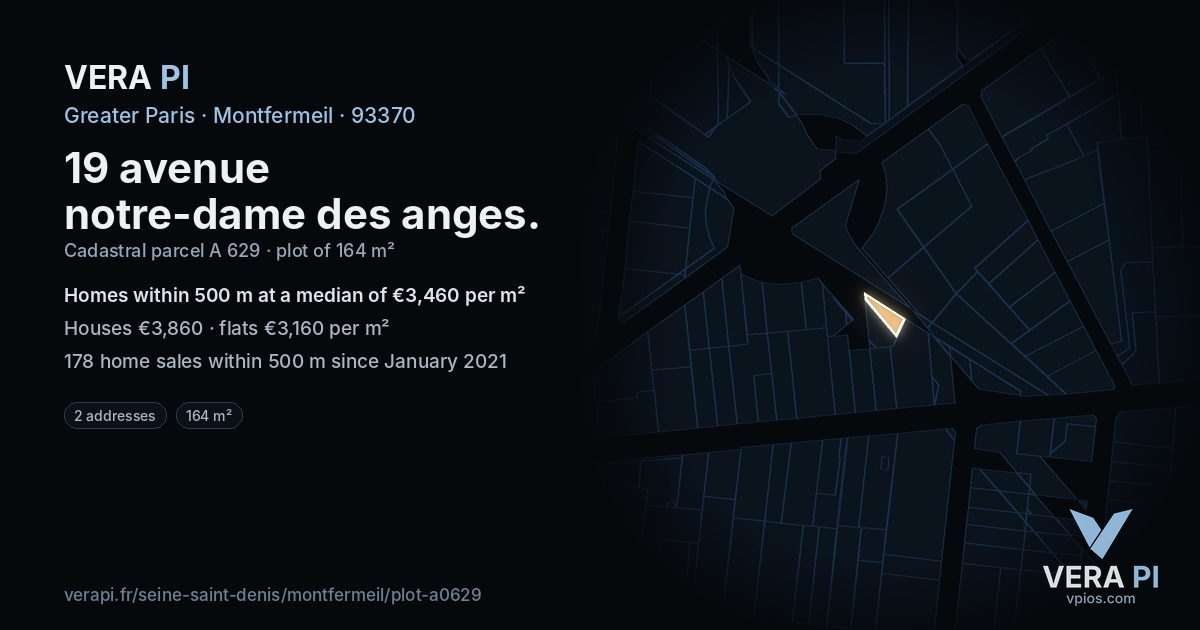 19 avenue notre-dame des anges, Montfermeil at night – the plot lit, the parcels around coloured by the prices near them