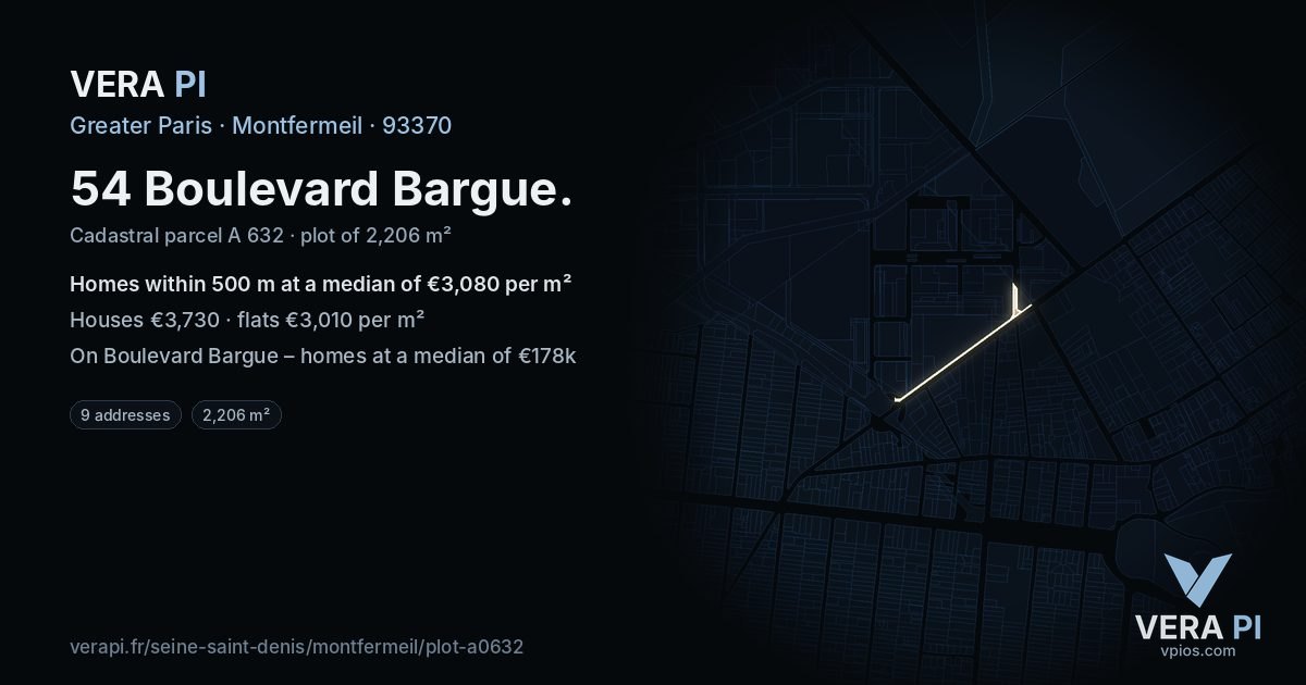 54 Boulevard Bargue, Montfermeil at night – the plot lit, the parcels around coloured by the prices near them