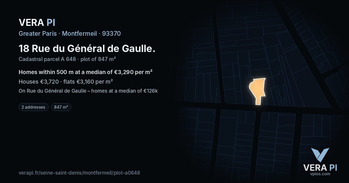 18 Rue du Général de Gaulle, Montfermeil at night – the plot lit, the parcels around coloured by the prices near them