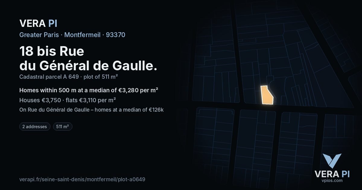 18 bis Rue du Général de Gaulle, Montfermeil at night – the plot lit, the parcels around coloured by the prices near them