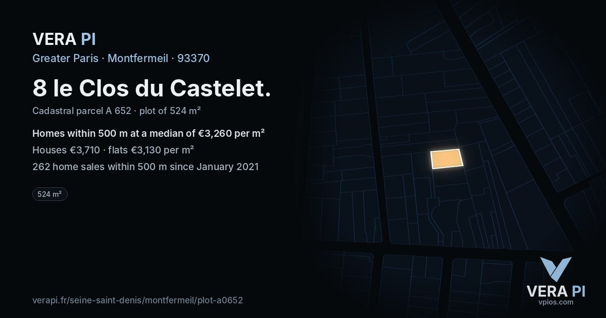 8 le Clos du Castelet, Montfermeil at night – the plot lit, the parcels around coloured by the prices near them