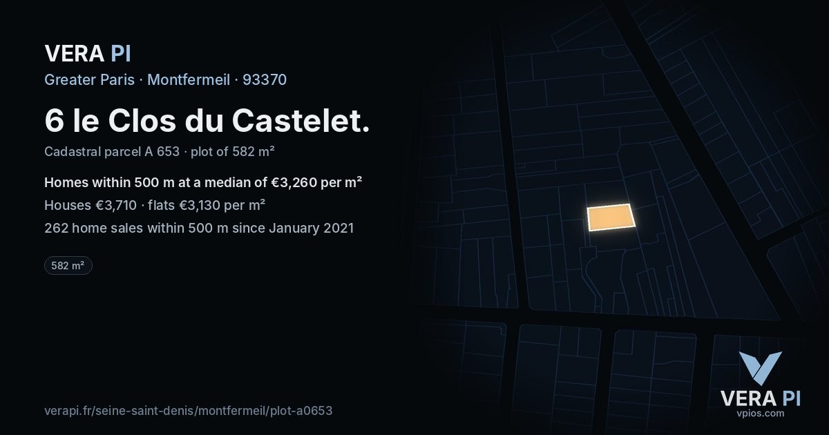 6 le Clos du Castelet, Montfermeil at night – the plot lit, the parcels around coloured by the prices near them