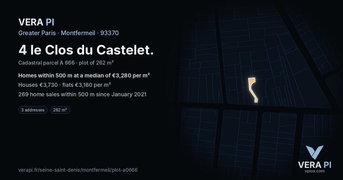 4 le Clos du Castelet, Montfermeil at night – the plot lit, the parcels around coloured by the prices near them